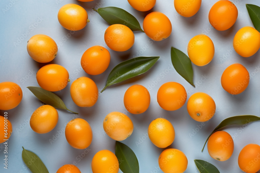 Top view of kumquat fruits on blue background Top view of kumquat fruits on blue background