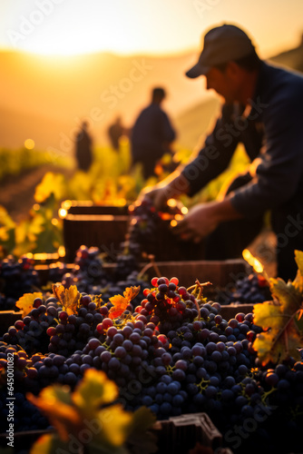 Vineyard workers carefully hand-pick ripe grapes under the golden November sunlight a crucial step in crafting exquisite wines 