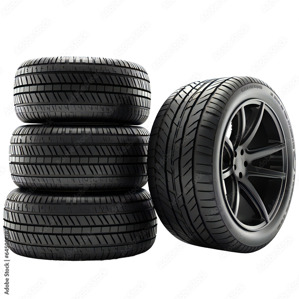Set of four new car wheels with new tires isolated on transparent