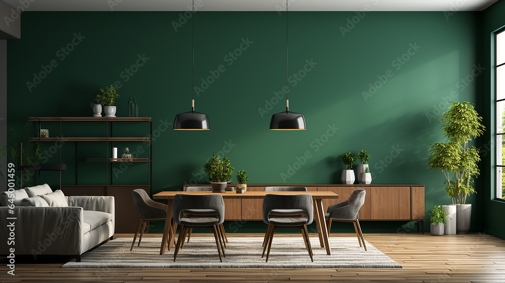 Modern interior design of apartment, dining room, empty living room with dark green wall. Generative AI Modern interior design of apartment, dining room, empty living room with dark green wall. Generative AI