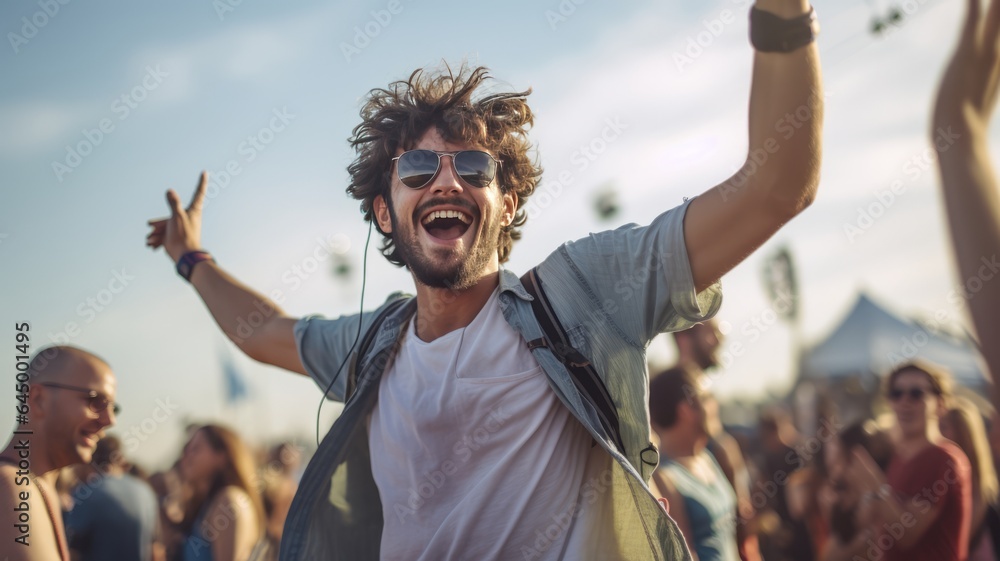 Obraz premium young guy man happy dancing and enjoy music festival concert