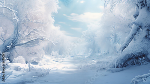Serene winter forest with snowcovered trees. Generative Ai © hassanmim2021
