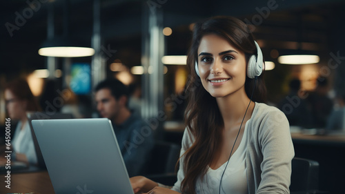 call center women smiled working and providing service with courtesy and attention front of laptop in office. Generative AI