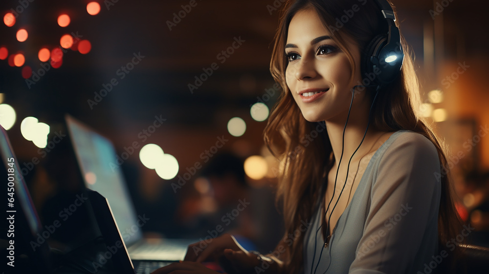 Fototapeta premium call center women smiled working and providing service with courtesy and attention front of laptop in office. Generative AI