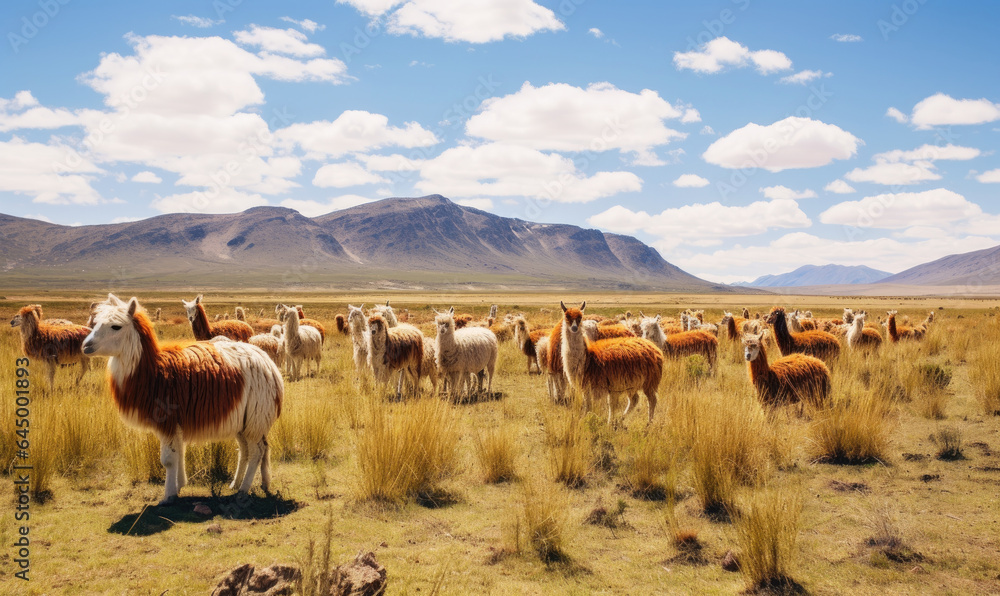 Fototapeta premium Group of llamas grace the vast Bolivian desert. Created with generative AI tools