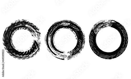 Tire tread marks, wheel textures, tire marks - car racing, motocross, drift, rally, off-road and others. Vector black isolated texture in grunge style with splashes. Black and white monochrome set
