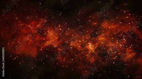 Black dark orange red brown shiny glitter abstract background with space. Twinkling glow stars effect. Like outer space, night sky, universe. Rusty, rough surface, grain © Bea