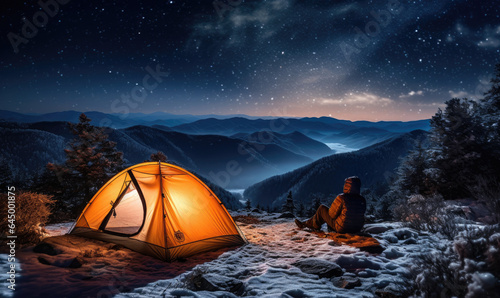Illuminated tent in snowy mountains under a starry sky. A tranquil alpine camping moment capturing nature's vast splendor. Created by AI tools © smth.design