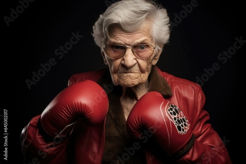 Portrait of an angry elderly woman with boxing gloves on a black background, ai generative © mariof