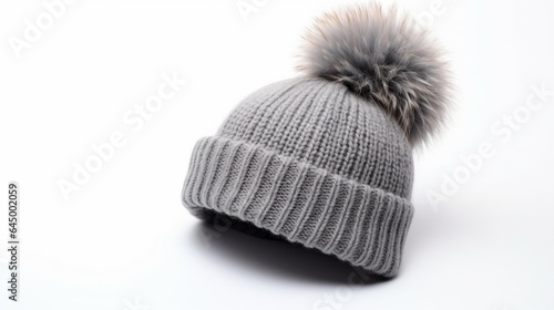 Black Winter Pom Pom Knit Hat Isolated On White Background. Warm Unisex Gray-White Woolen Knitted Cap with Big Pom Pom. Nature Wool.Close-up Side View