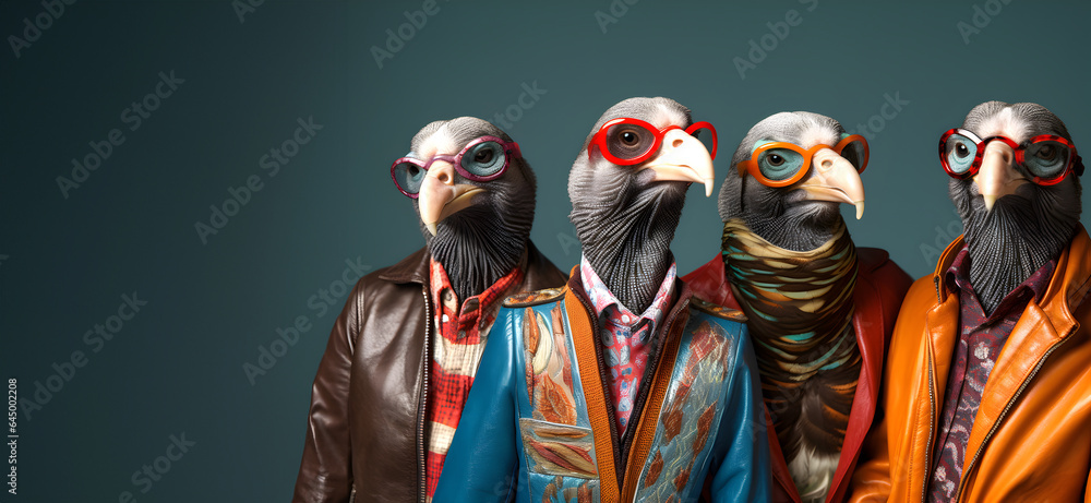 Obraz premium Creative animal concept. Turkey bird in a group, vibrant bright fashionable outfits isolated on solid background advertisement, copy text space. birthday party invite invitation banner