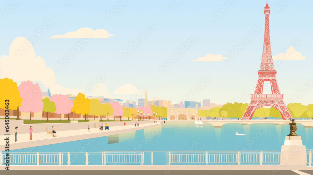 Fototapeta premium Charming flat design of Eiffel Tower, Parisian cafes and Seine River, set against a pastel sky, imparting naive simplicity & romantic minimalism.