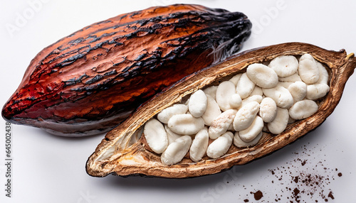 top view of cut in half cacao pods with white cocoa seed and brown cocoa powder on white background