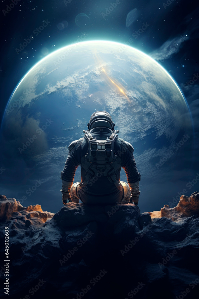 Generative AI illustration of astronaut in a spaceship looking out the window Generative AI illustration of astronaut in a spaceship looking out the window