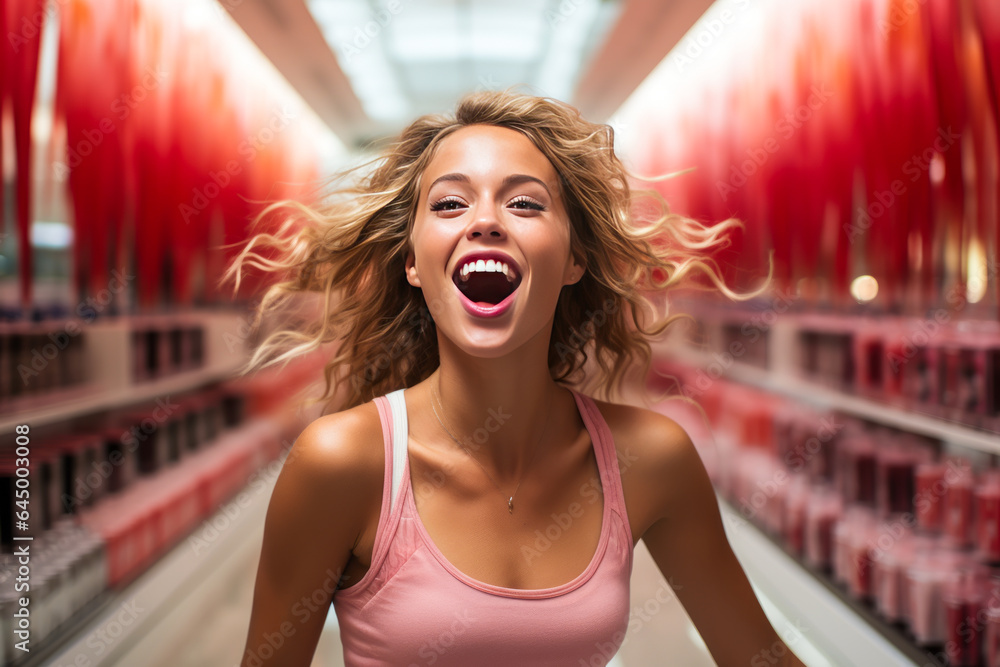 Captivating scene of vibrant woman in cosmetic store, rejoicing amidst diverse lipstick shades and eyeshadow palettes. Illustrates consumerism and beauty essence.