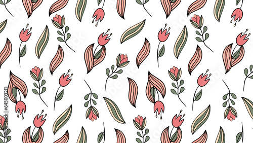 Seamless pattern with abstract flowers and leaves. Vector illustration