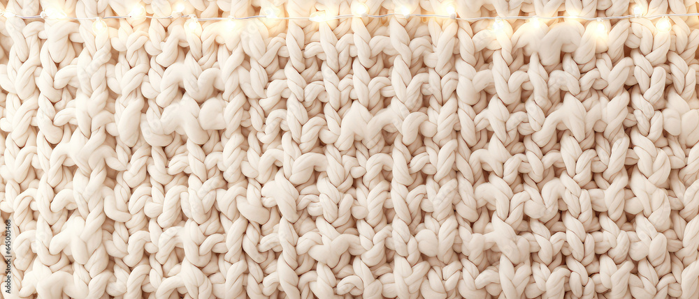 Knitted texture of beige wool with garland. Woolen knitting, fabric background. Knitted Background. Cozy fall background. generative ai