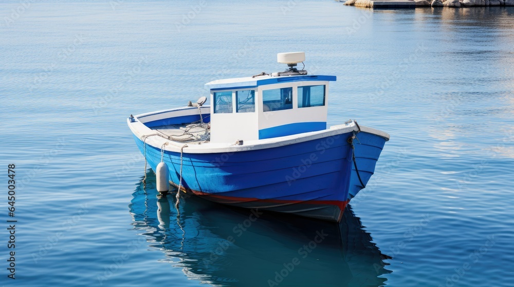 A blue and white boat is docked in the harbor