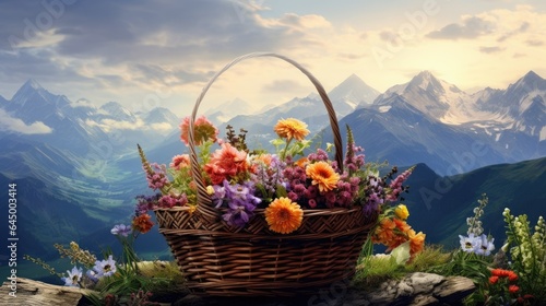 A basket  of flowers in  the mountains with a mountain photo