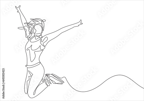 Continuous line art or One Line Drawing of a woman stretching arms is relaxing picture vector illustration