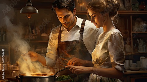 A chef and a woman are cooking in a kitchen