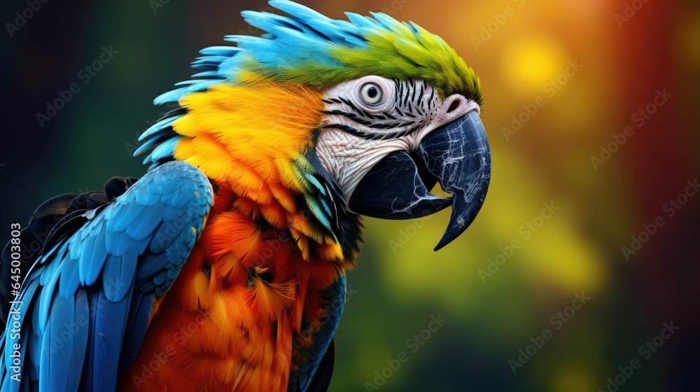 A colorful parrot with a blue and yellow head