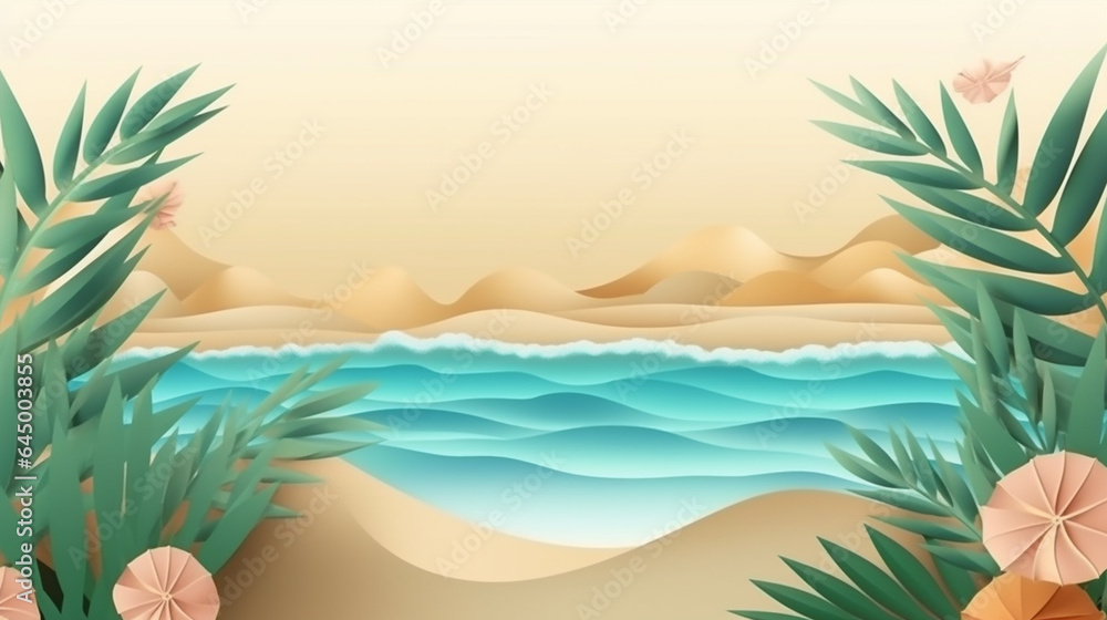 Realistic summer wallpaper with beach and tropical leaves