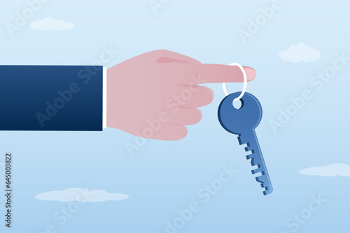 Giant hand holds key to success. Mentorship, helping to achieve success. Motivation for development. Business coach encourages and helps beginners. Education, learning process.