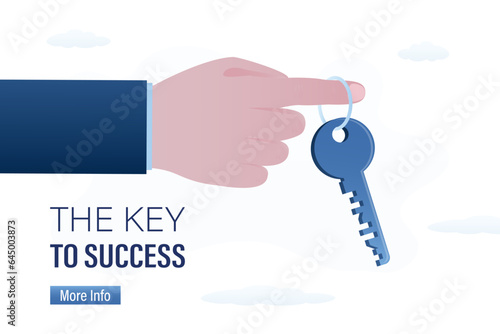 Giant hand holds key to success. Mentorship, helping to achieve success. Motivation for development. Business coach helps beginners. Education, learning process. Unlock new skills.