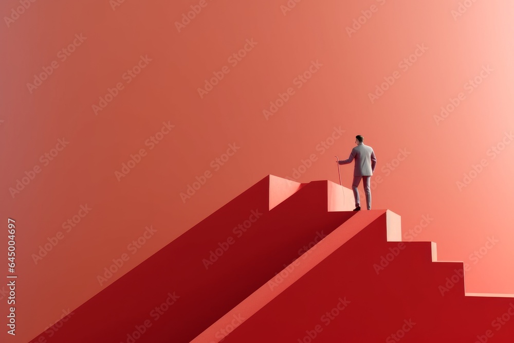 A man standing on a vibrant red staircase A man standing on a vibrant red staircase