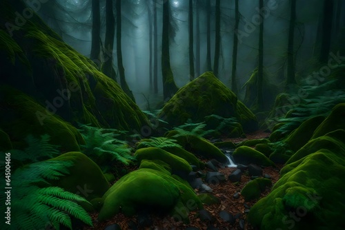 A misty forest with ancient ferns and moss-covered stones.