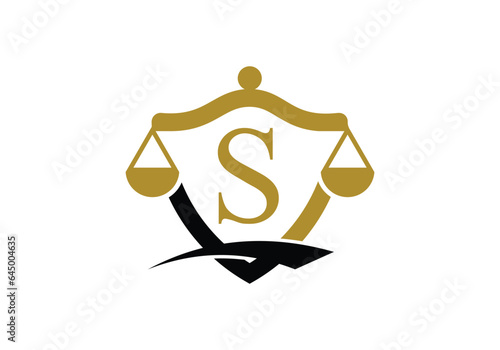 Initial S monogram alphabet with law scale sign symbol.