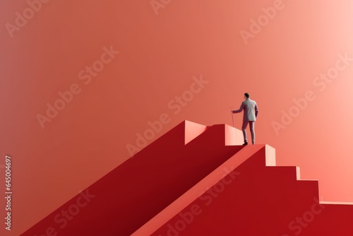 A man standing on a vibrant red staircase
