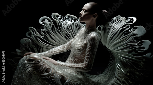 Fashion Model in Fashion Editorial or Ad for Magazine in Haute Couture with Wings.  Made by Generative AI photo