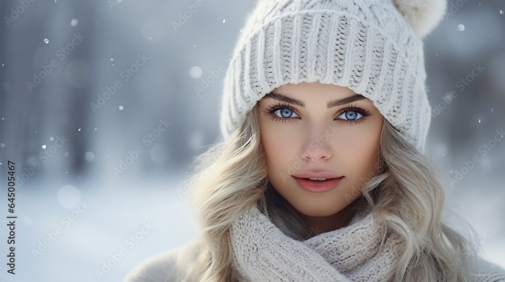 Young blonde woman in sweater, knitted white hat with pom poms and scarf. Young blonde woman in sweater, knitted white hat with pom poms and scarf.