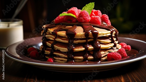 A plate of pancakes with chocolate sauce on it