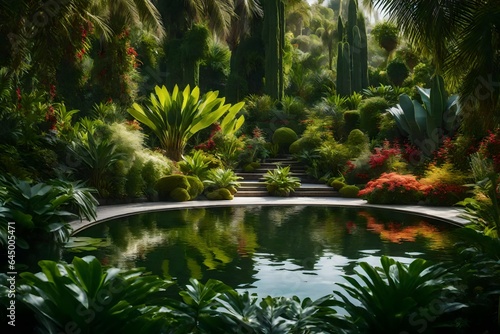 A scene of a tranquil botanical garden with a variety of exotic plants.