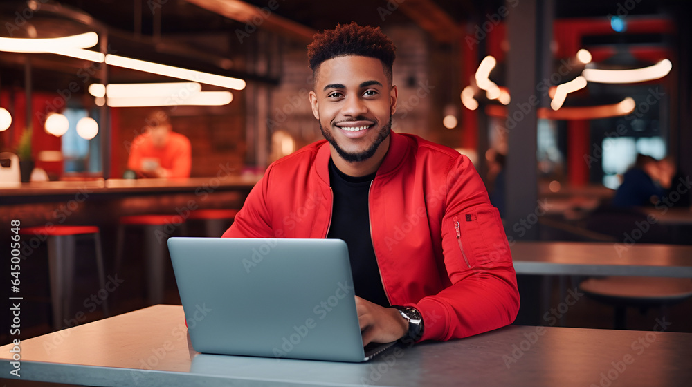 Fototapeta premium young arab man in a red pullover jacket, freelancer or student working on a laptop in a cafe at the table. Black IT professional working remotely using laptop while sitting in cafe