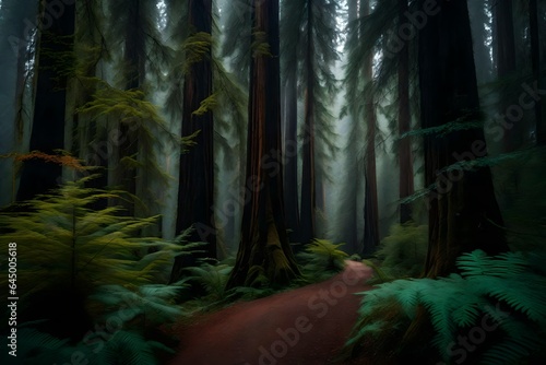 A scene of a majestic redwood forest with towering trees and a lush forest floor.