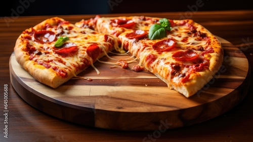 A slice of pizza is shown on a wooden