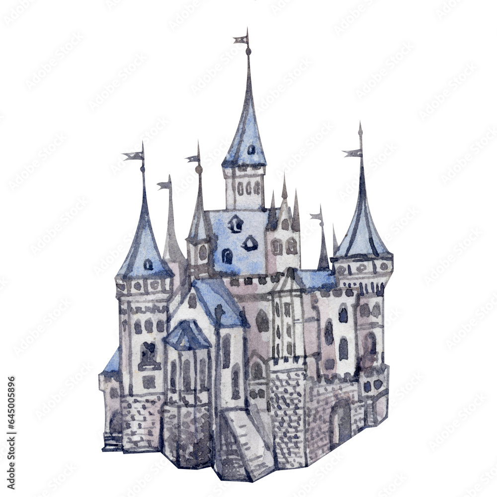 Castle on white background. Handdrawn Palace. Fantasy illustration. Fairy tale. Walercolor illustration
