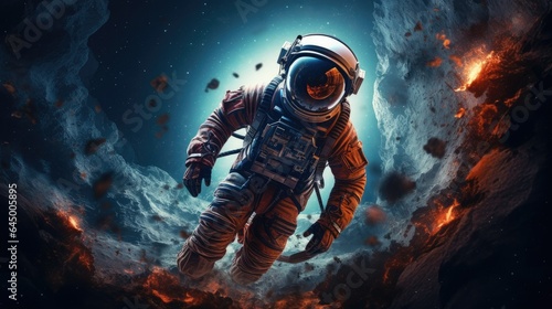 An astronaut in space with the word space on