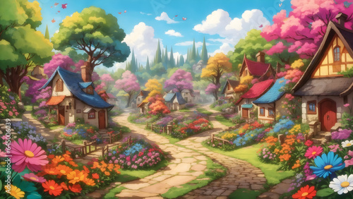 Illustrate village a scenic forest path with colorful flower