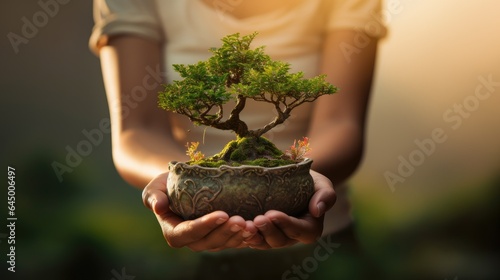 hands holding bonsai tree in rural scene photo