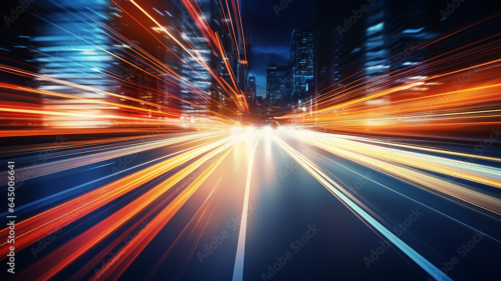 Obraz premium Car motion trails. Speed light streaks background with blurred fast moving light effect, Racing cars dynamic flash effects city road with long exposure night lights. Generative AI