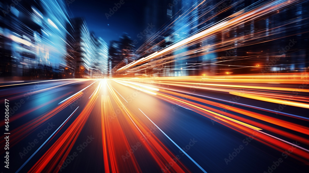 Car motion trails. Speed light streaks background with blurred fast moving light effect, Racing cars dynamic flash effects city road with long exposure night lights. Generative AI