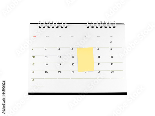 sticky note attached on cardboard desk calendar with date isolated on transparent