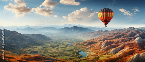 attractive inspirational scenery with a hot air balloon in the sky, vacation spot. © tongpatong