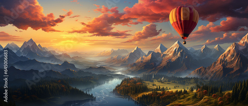 attractive inspirational scenery with a hot air balloon in the sky, vacation spot.