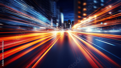 Car motion trails. Speed light streaks background with blurred fast moving light effect, Racing cars dynamic flash effects city road with long exposure night lights. Generative AI © Ibnu